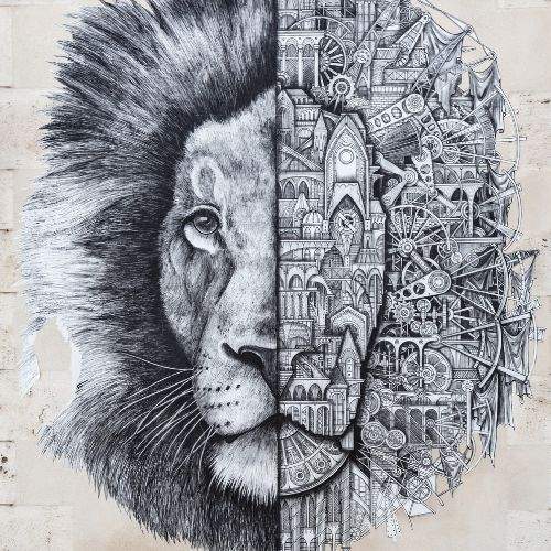 Street art lion face half lion half buildings from Orleans France